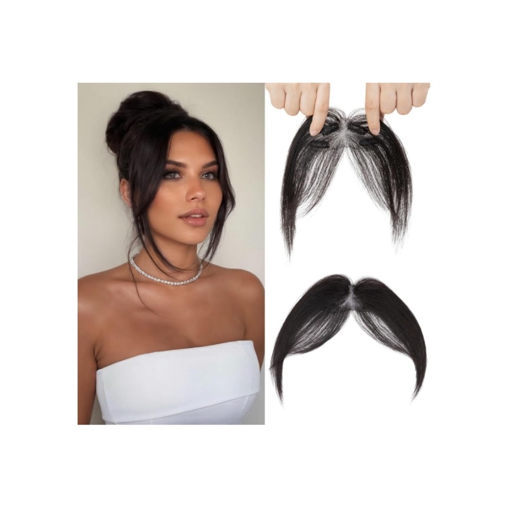Clip on Bangs 100% Real Human Hair Extensions Middle Part Natural Black 1B 10"